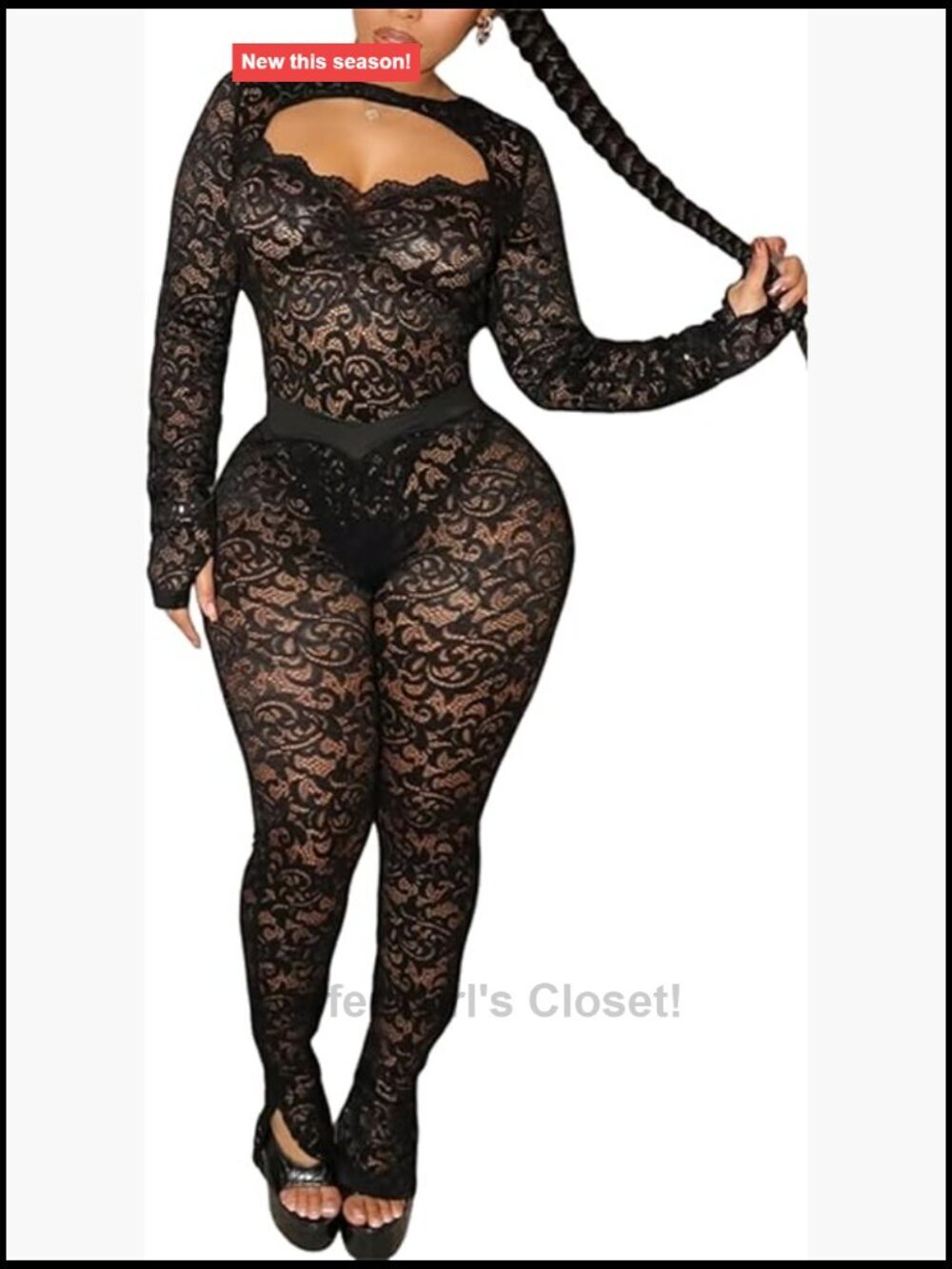 Lace See Through Long Sleeve Backless Bodysuit Flared Leggings Set